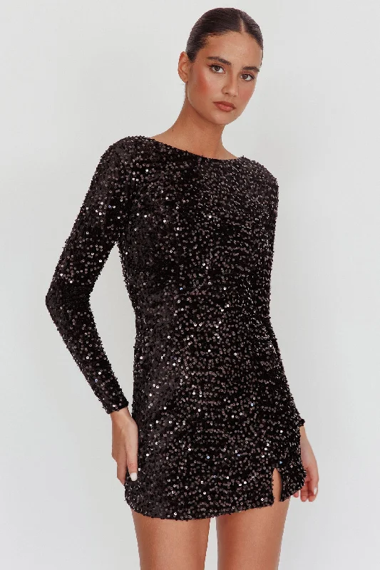 Ruffled Women Dress with Multiple Layers for a Playful and Girly StyleDemure Long Sleeve Open Back Dress Sequin Black Ruffled Women Dress with Multiple Layers for a Playful and Girly StyleDemure Long Sleeve Open Back Dress Sequin Black