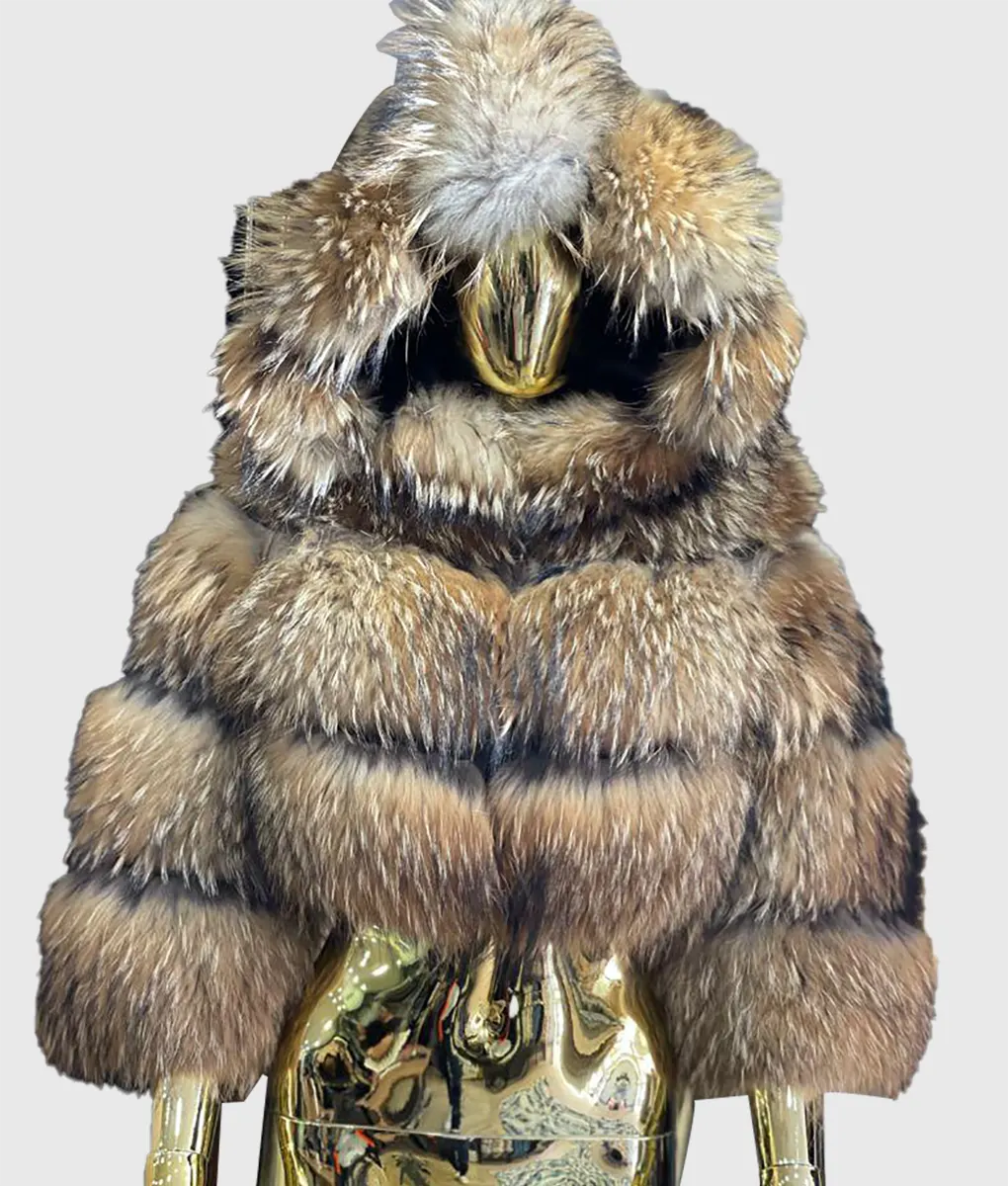 Real Fur Trimmed Cashmere ScarvesDeone Women Brown Short Hooded Fox Fur Coat