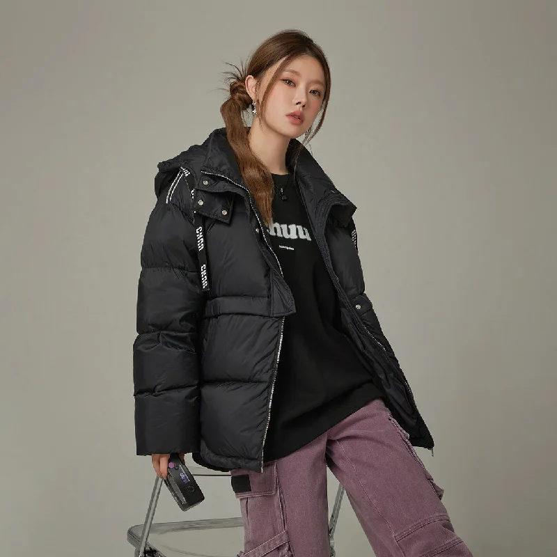 Women's long - line cardigan jackets in a soft knit for a cozy and elegant lookLogo String Hooded Oversized Padded Jacket Women's long - line cardigan jackets in a soft knit for a cozy and elegant lookLogo String Hooded Oversized Padded Jacket