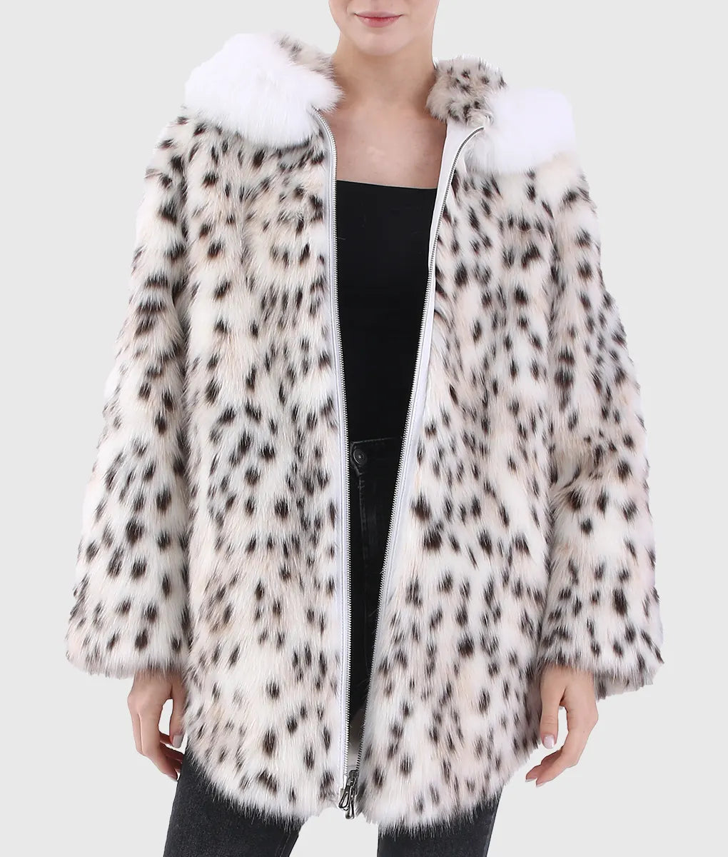Real Fur Hats for Cold Weather​Exe Women Black & White Lynx Fur Coat With Hood