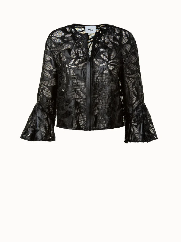 Women's bomber jackets with floral embroidery for a feminine and unique designBoxy Jacket in Vegan Leather Leaves Cutouts on Techno Mesh Women's bomber jackets with floral embroidery for a feminine and unique designBoxy Jacket in Vegan Leather Leaves Cutouts on Techno Mesh