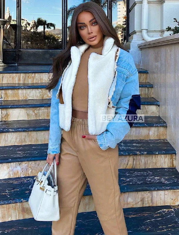 Women's trench coats with a removable belt for customizable stylingFaux Fur Collar Denim Jacket With Patches Women's trench coats with a removable belt for customizable stylingFaux Fur Collar Denim Jacket With Patches