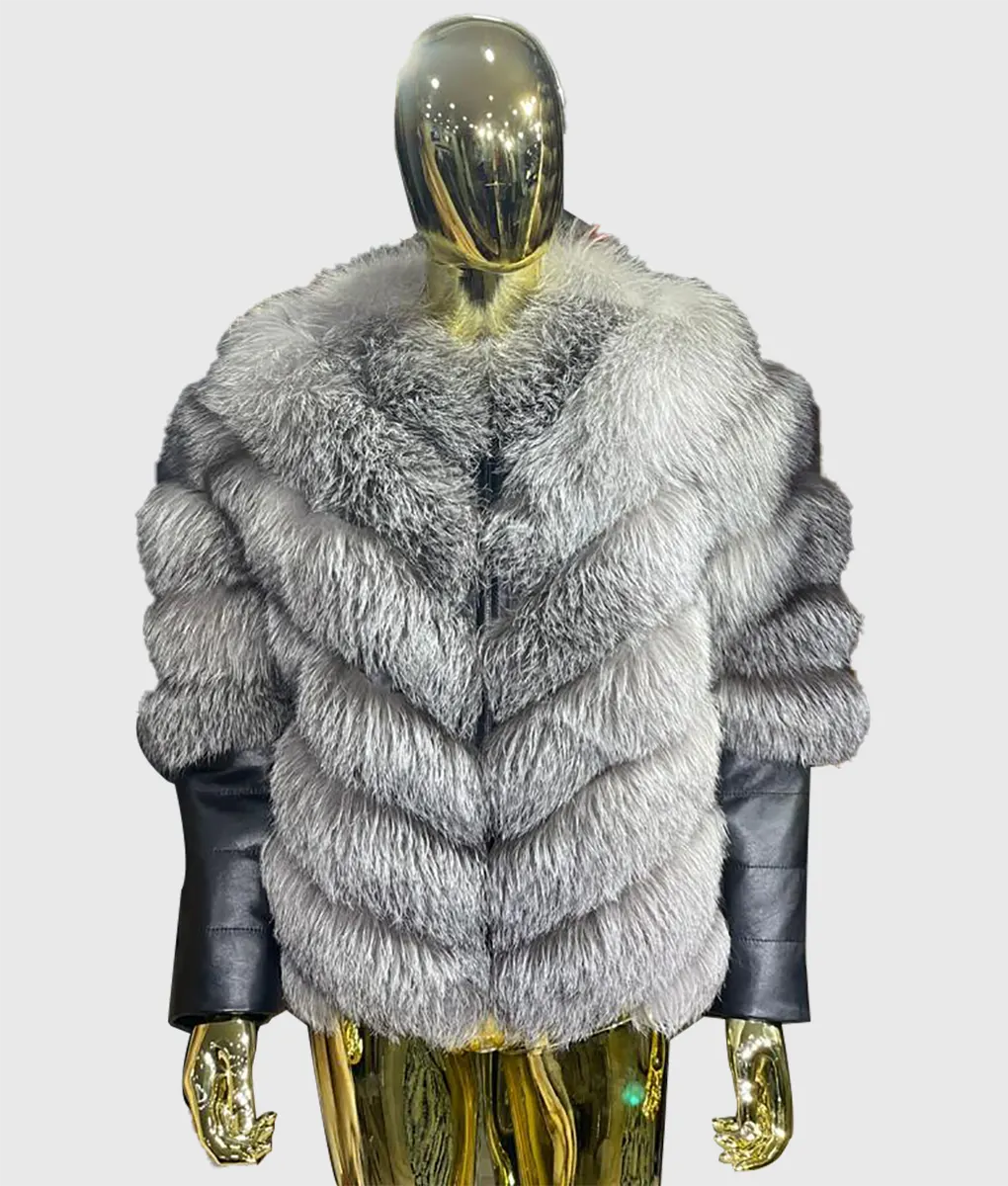 Real Fur Scarves Luxury Accessories​Fenny Women Silver Fox Fur Coat