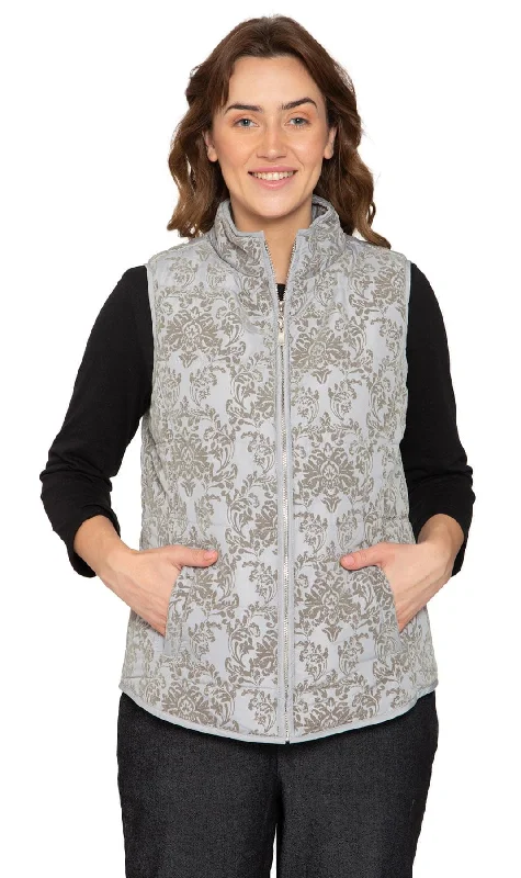 Women's moto jackets with a lace - up front for a unique and stylish touchWomen's Flocked Damask Print Zip Front Vest With Lining And Fill Women's moto jackets with a lace - up front for a unique and stylish touchWomen's Flocked Damask Print Zip Front Vest With Lining And Fill