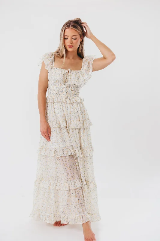 Backless Women Dress for a Sexy and Alluring Look at Evening EventsAstrid Ruffle Detail Maxi Dress in Yellow Floral - Bump Friendly Backless Women Dress for a Sexy and Alluring Look at Evening EventsAstrid Ruffle Detail Maxi Dress in Yellow Floral - Bump Friendly