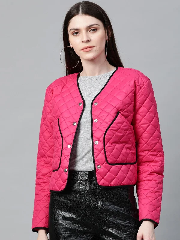 Women's cropped leather jackets with silver zippers for a punk - inspired outfitFuchsia Piping Detail Quilted Jacket Women's cropped leather jackets with silver zippers for a punk - inspired outfitFuchsia Piping Detail Quilted Jacket