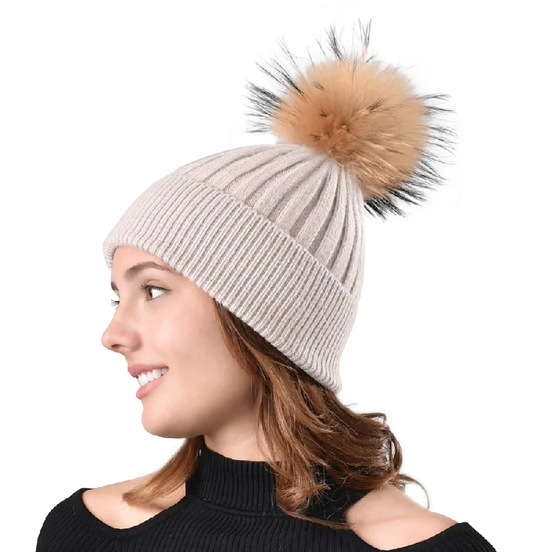 Real Fur Trimmed Cuffs​FURTALK Women Winter Real Fur Pom Pom Hat  Drop Shipping  A052