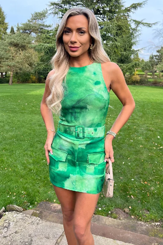 Women jumpsuits with pocket details for added functionality and convenienceGreen Tie Dye Round Neck Belted Skort Cargo Playsuit Women jumpsuits with pocket details for added functionality and convenienceGreen Tie Dye Round Neck Belted Skort Cargo Playsuit