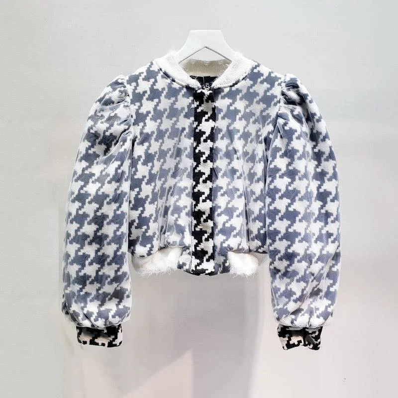 Women's shearling - lined suede jackets for ultimate warmth and luxuryHoundstooth Ruched Sleeve Mesh Bomber Jacket Women's shearling - lined suede jackets for ultimate warmth and luxuryHoundstooth Ruched Sleeve Mesh Bomber Jacket