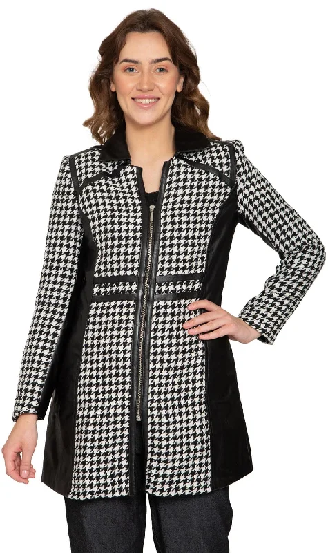 Women's moto jackets with a lace - up front for a unique and stylish touchWomen's Houndstooth Zip Front Mixed Media Vegan Leather Jackets Women's moto jackets with a lace - up front for a unique and stylish touchWomen's Houndstooth Zip Front Mixed Media Vegan Leather Jackets