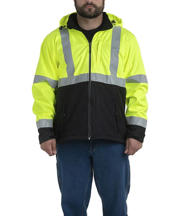 Women's color - block hoodie combining bold hues for a fashion - forward statementHVJS206 - Berne Mens Hi-Vis Class 3 Hooded Softshell Jacket Women's color - block hoodie combining bold hues for a fashion - forward statementHVJS206 - Berne Mens Hi-Vis Class 3 Hooded Softshell Jacket