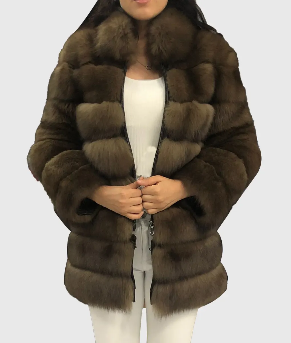 Real Fur Handbags Designer Style​Jackson Women Brown Fox Fur Coat