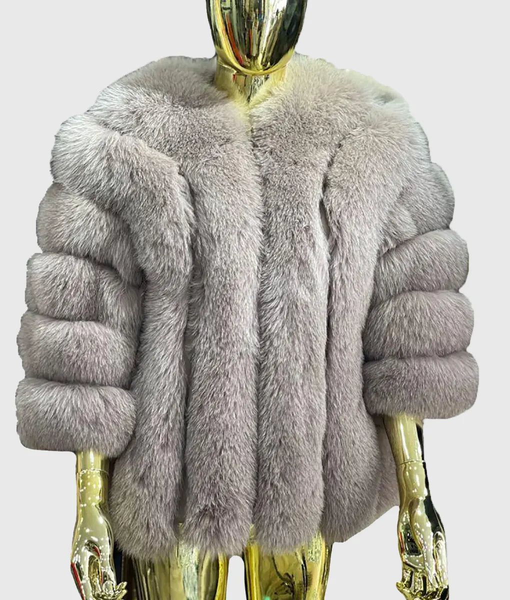 Real Fur Earmuffs Outdoor Use​Jereome Women Grey Fox Fur Coat