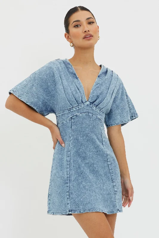 Ball Gown Women Dress with a Full Skirt for a Princess - like LookJessika Pleated Bust Mini Dress Denim Blue Ball Gown Women Dress with a Full Skirt for a Princess - like LookJessika Pleated Bust Mini Dress Denim Blue