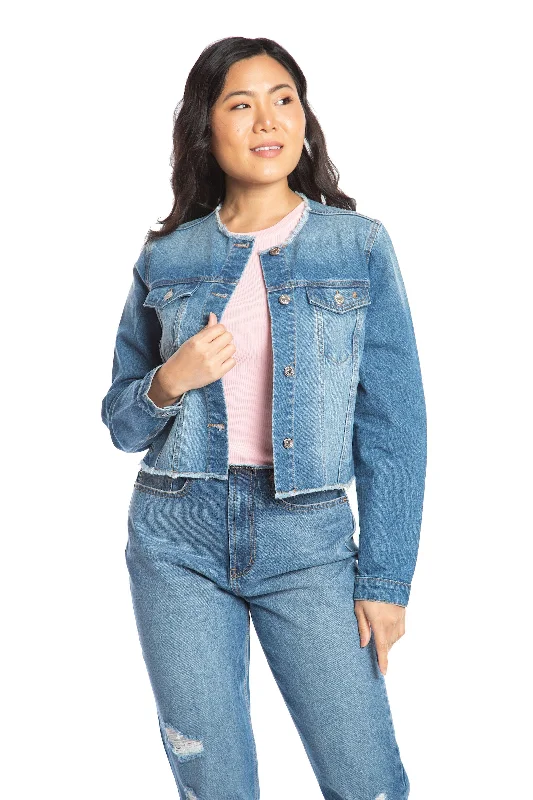 Women's graphic - printed sweatshirt featuring floral patterns for a feminine touchBig Bling Raw Collar Denim Jacket Women's graphic - printed sweatshirt featuring floral patterns for a feminine touchBig Bling Raw Collar Denim Jacket