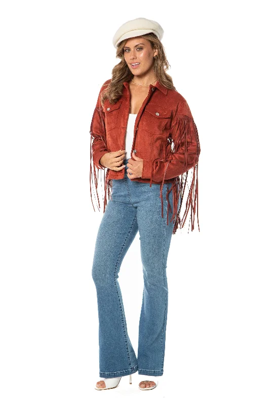 Women's long - sleeve cropped sweatshirt with ribbed cuffs for a snug fitFaux Leather Fringe Trucker Jacket Women's long - sleeve cropped sweatshirt with ribbed cuffs for a snug fitFaux Leather Fringe Trucker Jacket