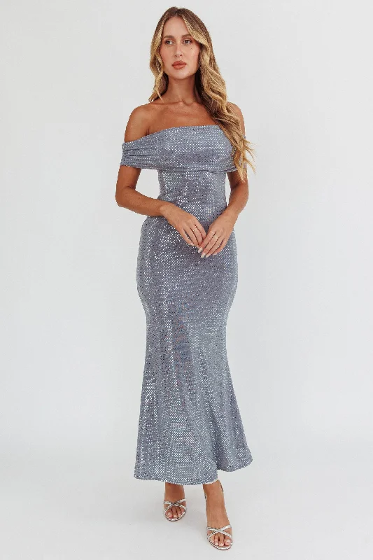 Backless Women Dress for a Sexy and Alluring Look at Evening EventsKailey Off-Shoulder Maxi Dress Spangle Silver Backless Women Dress for a Sexy and Alluring Look at Evening EventsKailey Off-Shoulder Maxi Dress Spangle Silver