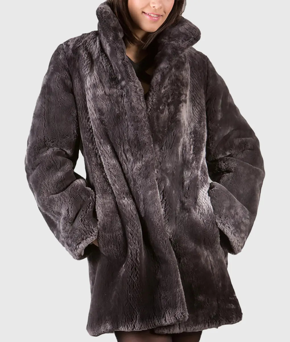 Real Fur Trimmed Parkas​Kelli Women Grey Sheared Beaver Fur Coat