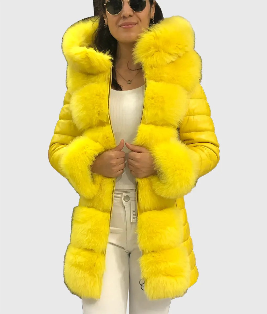 Real Fur Vests for Casual Wear​Ken Women Yellow Trimmed Long Fox Fur Coat With Hood