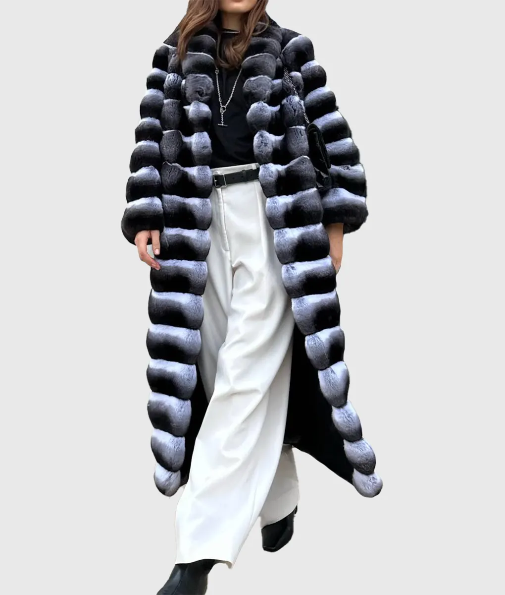 Real Fur Ornaments Christmas Decor​Larie Women Black Long Chinchilla Fur Coat