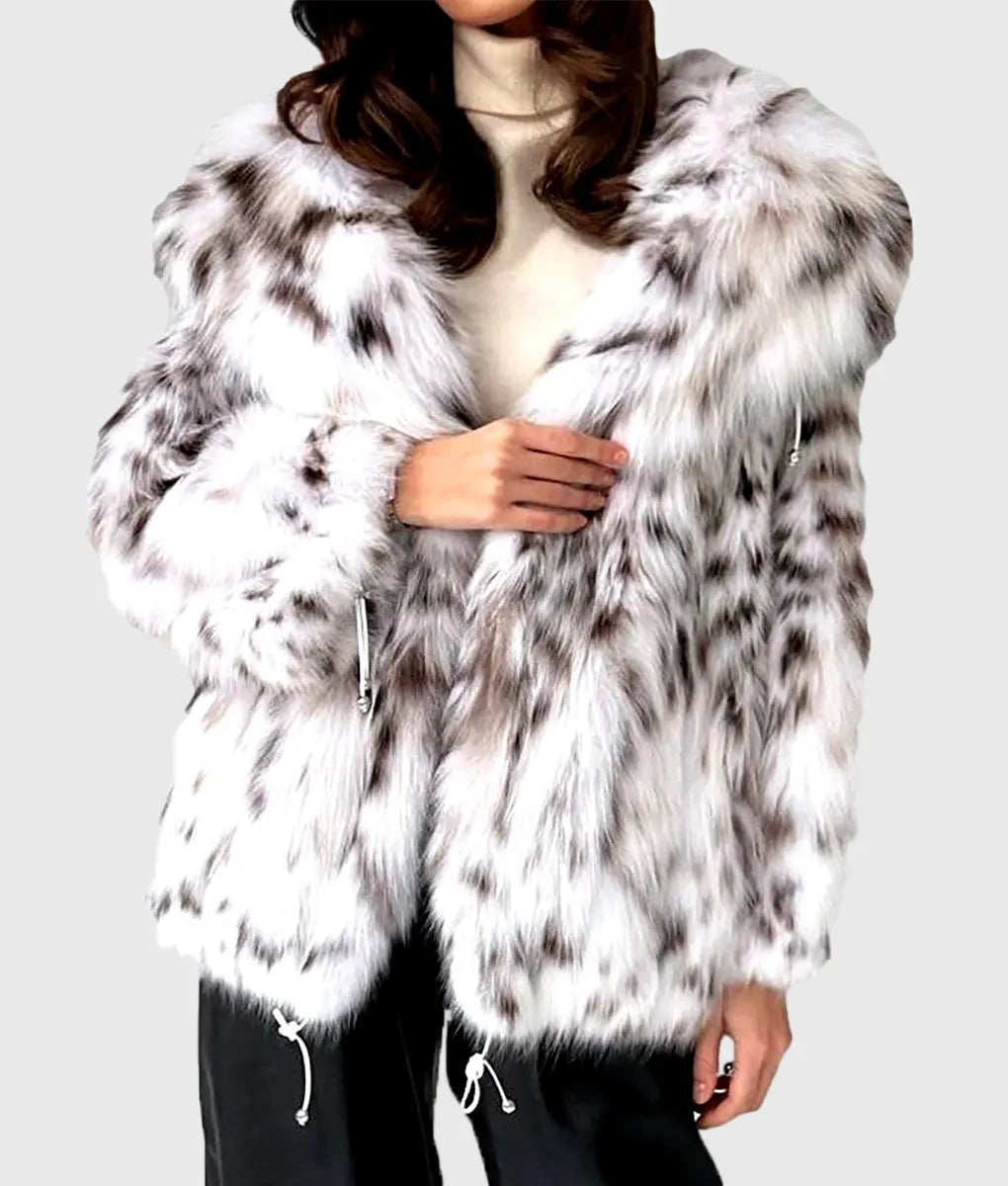 Real Fur Trimmed Skirts Fashion​Liena Women White Hooded Canadian Lynx Fur Jacket