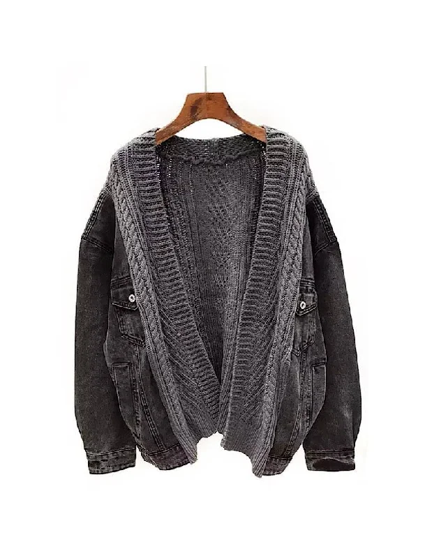 Women's shearling - lined suede jackets for ultimate warmth and luxuryLong Sleeve Knit Black Denim Jacket Women's shearling - lined suede jackets for ultimate warmth and luxuryLong Sleeve Knit Black Denim Jacket