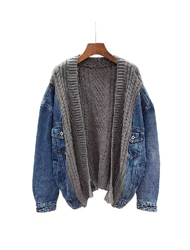 Women's long - length wool blend jackets for a warm and stylish winter lookLong Sleeve Knit Blue Denim Jacket Women's long - length wool blend jackets for a warm and stylish winter lookLong Sleeve Knit Blue Denim Jacket