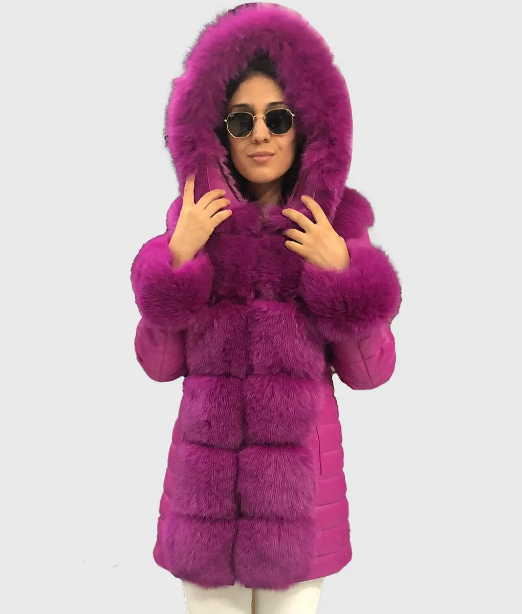 Real Fur Trimmed Jeans​Lox Women Purple Trimmed Long Fox Fur Coat With Hood