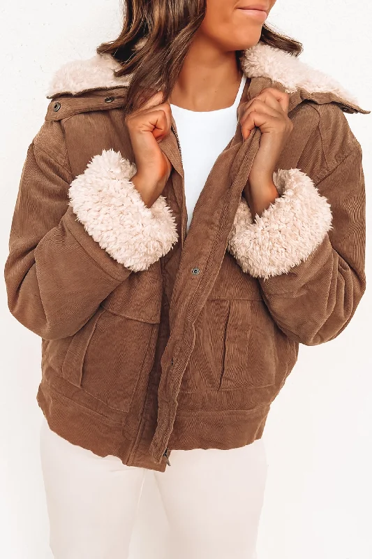Women's cropped leather jackets with silver zippers for a punk - inspired outfitMaya Cord Utility Jacket Sand