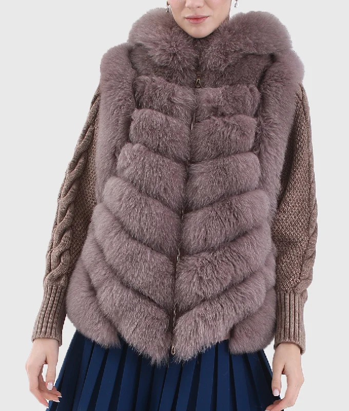 Real Fur Trimmed T - Shirts​Meo Women Brown Rex Rabbit Fur Jacket With Hood