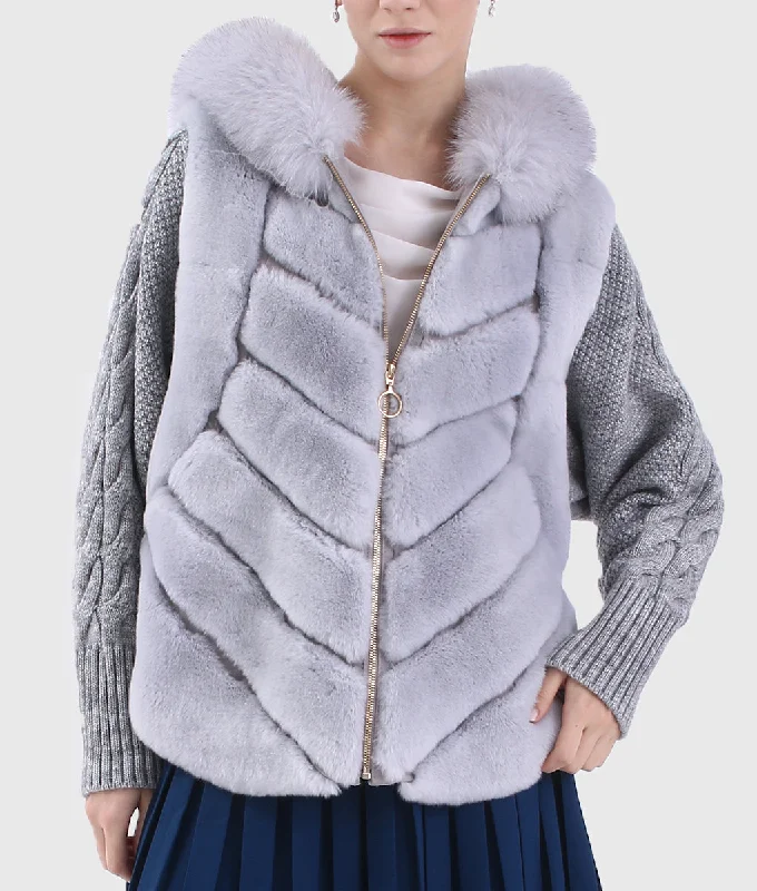 Real Fur Trimmed BlazersMerinda Women Silver Trimmed Rex Rabbit Hooded Fur Jacket with Fox Fur Collar Real Fur Trimmed BlazersMerinda Women Silver Trimmed Rex Rabbit Hooded Fur Jacket with Fox Fur Collar