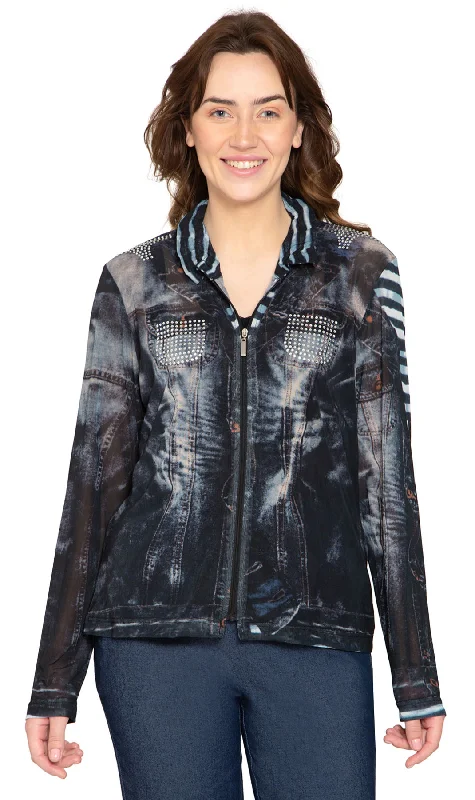 Women's shearling - lined suede jackets for ultimate warmth and luxuryWomen's Mesh Denim Look Printed Zip Front Jacket With Rhinestones Women's shearling - lined suede jackets for ultimate warmth and luxuryWomen's Mesh Denim Look Printed Zip Front Jacket With Rhinestones