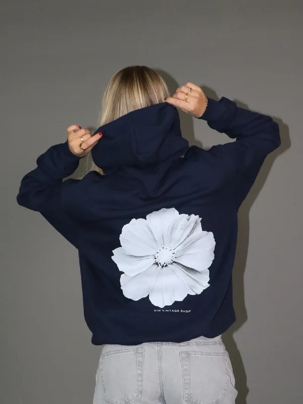 Women's zip - up sweatshirt in pastel blue for a soft and stylish outfitMONOCHROME FLOWER HOODIE (rygprint) - NAVY Women's zip - up sweatshirt in pastel blue for a soft and stylish outfitMONOCHROME FLOWER HOODIE (rygprint) - NAVY