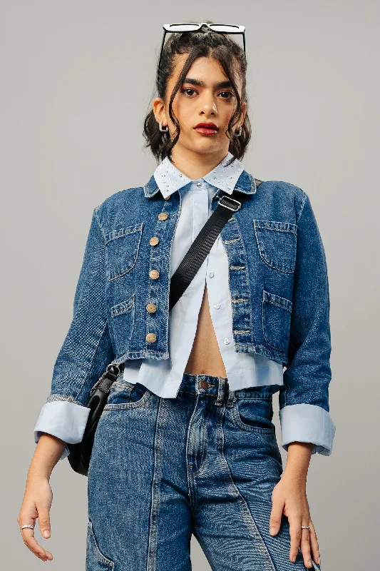 Women's cropped satin jackets in pastel shades for a glamorous evening outMulti Pocket Indigo Shacket Women's cropped satin jackets in pastel shades for a glamorous evening outMulti Pocket Indigo Shacket