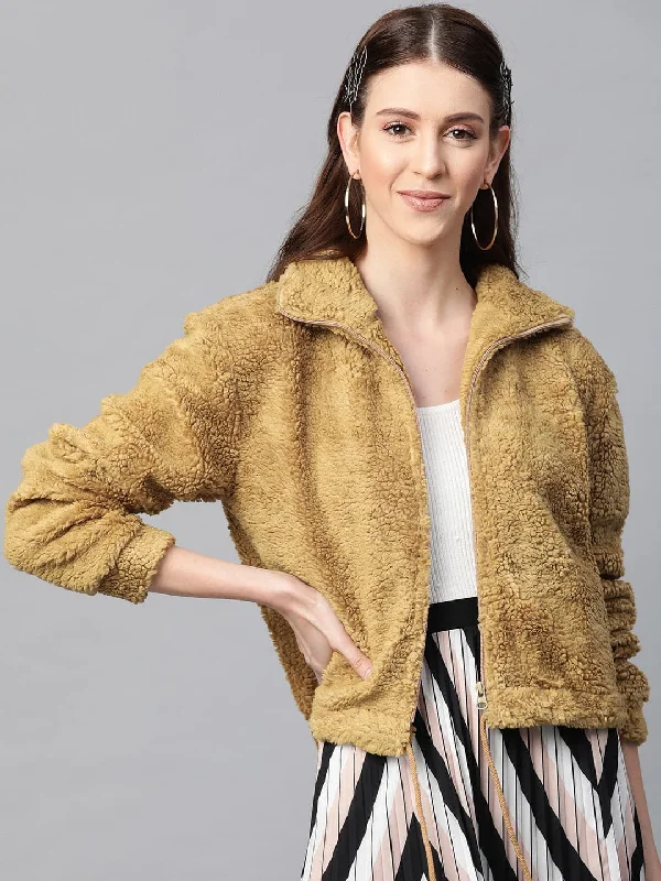 Women's bomber jackets with a holographic finish for a futuristic and eye - catching lookMustard Drawstring Faux Fur Jacket Women's bomber jackets with a holographic finish for a futuristic and eye - catching lookMustard Drawstring Faux Fur Jacket