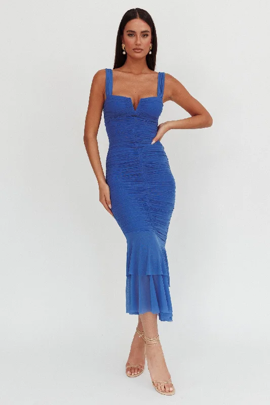Mermaid - Style Women Dress with a Fitted Silhouette for Special OccasionsNadia Ruched Fishtail Maxi Dress Blue Mermaid - Style Women Dress with a Fitted Silhouette for Special OccasionsNadia Ruched Fishtail Maxi Dress Blue