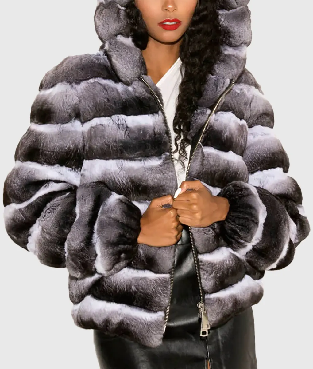 Real Fur Trimmed Jackets for Kids​Nats Women Black Hooded Chinchilla Fur Jacket