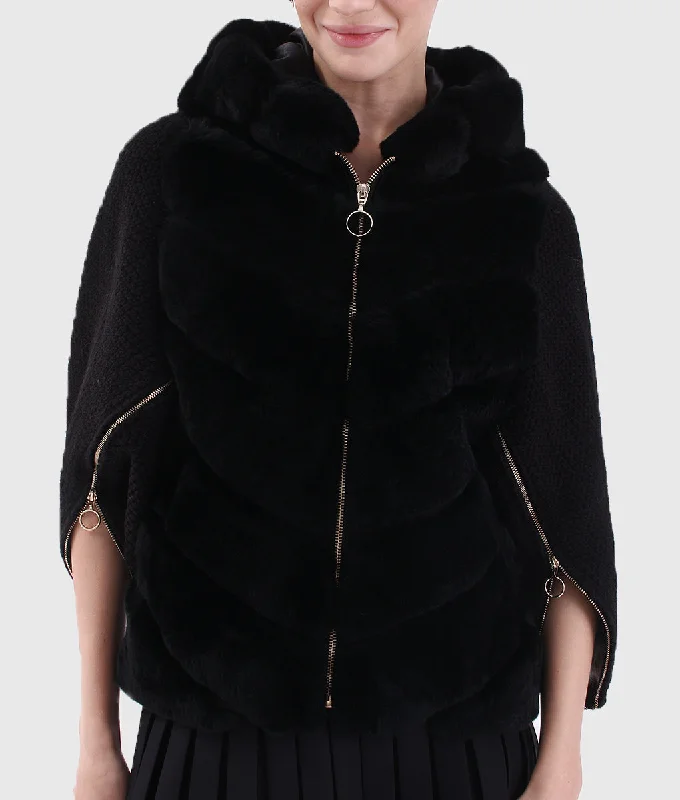Real Fur Trimmed Mittens​Neol Women Black Hooded Mink Fur Jacket