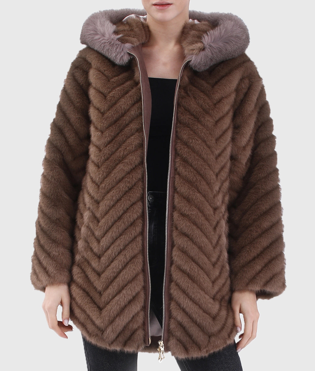 Real Fur Trimmed Collarless Coats​Penny Women Brown Long Fox Fur Coat With Hood