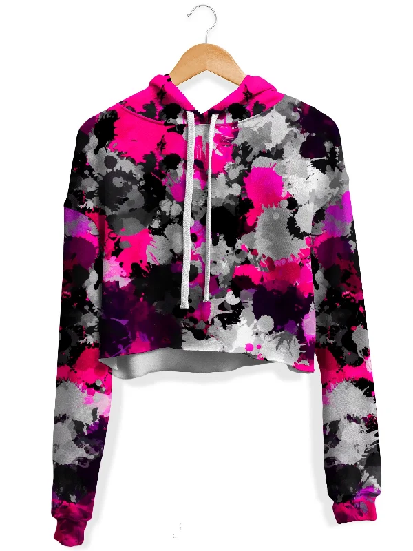 Women's pullover hoodie with a side slit for a modern and relaxed fitPink and Grey Paint Splatter Fleece Crop Hoodie Women's pullover hoodie with a side slit for a modern and relaxed fitPink and Grey Paint Splatter Fleece Crop Hoodie
