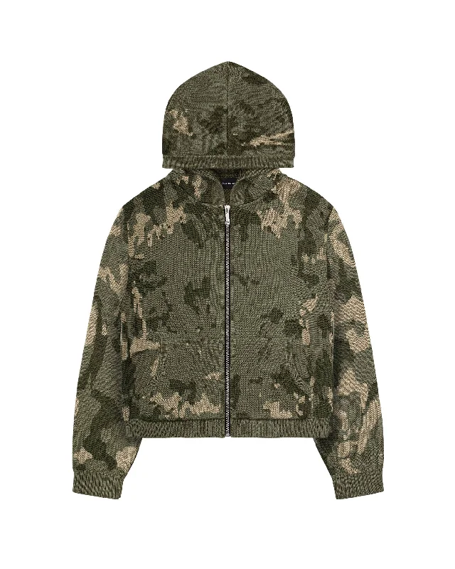 Women's hoodie with a kangaroo pocket and a pom - pom drawstring for added charmCamo Knit Zip Hoodie Women's hoodie with a kangaroo pocket and a pom - pom drawstring for added charmCamo Knit Zip Hoodie