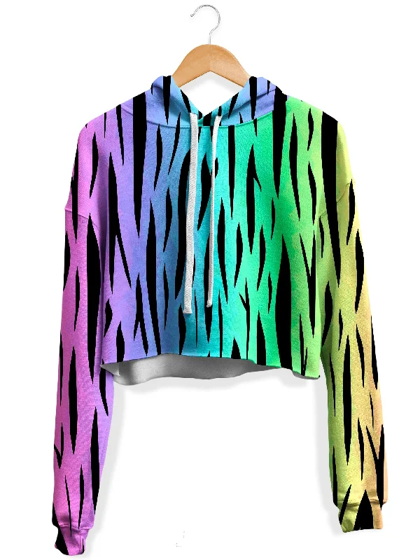 Women's zip - up sweatshirt in pastel blue for a soft and stylish outfitRainbow Tiger Stripes Fleece Crop Hoodie Women's zip - up sweatshirt in pastel blue for a soft and stylish outfitRainbow Tiger Stripes Fleece Crop Hoodie