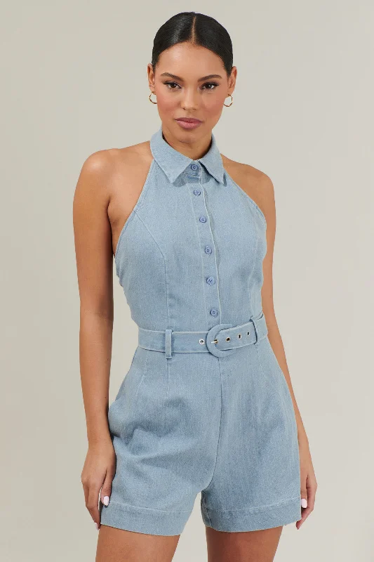 Women jumpsuits with high - low hems for a modern and fashion - forward styleRoslyn Denim Halter Neck Romper