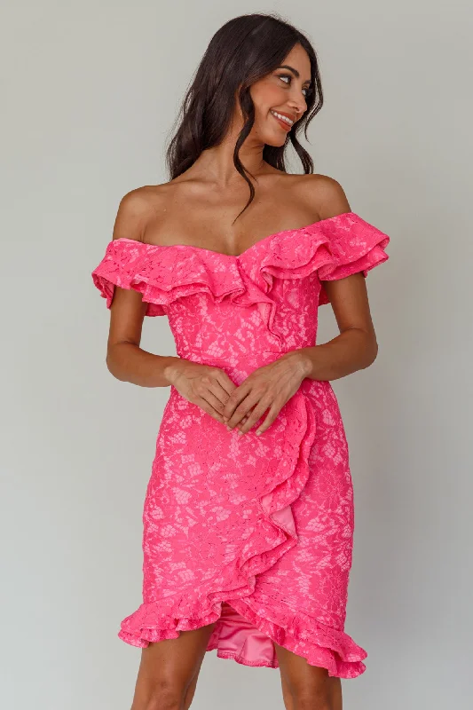 Wrap - Style Women Dress with Adjustable Fit for All Body TypesRossi Off-Shoulder Double Ruffle Lace Dress Hot Pink Wrap - Style Women Dress with Adjustable Fit for All Body TypesRossi Off-Shoulder Double Ruffle Lace Dress Hot Pink