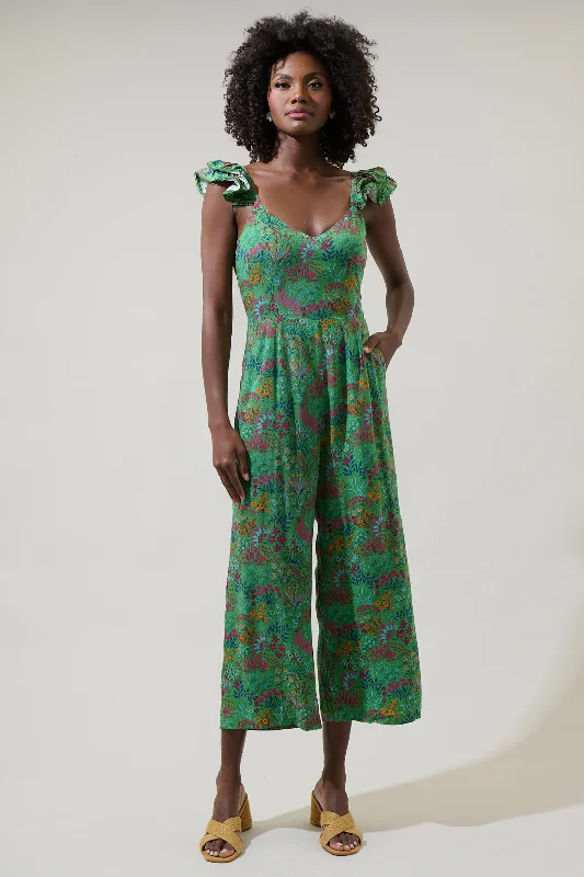 Women jumpsuits with a ruched bodice for a more feminine and form - fitting appearanceRuya Floral Montgomery Flouncy Cropped Jumpsuit