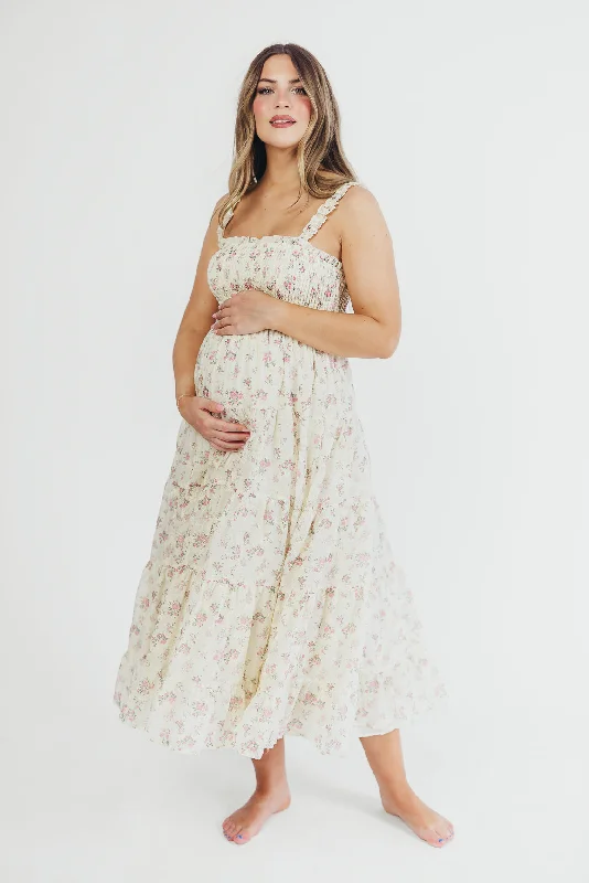 Maxi Women Dress with Floral Print for a Bohemian VibeRyan Ruffle Midi Dress with Embroidered Detail in Cream/Pink Floral Maxi Women Dress with Floral Print for a Bohemian VibeRyan Ruffle Midi Dress with Embroidered Detail in Cream/Pink Floral