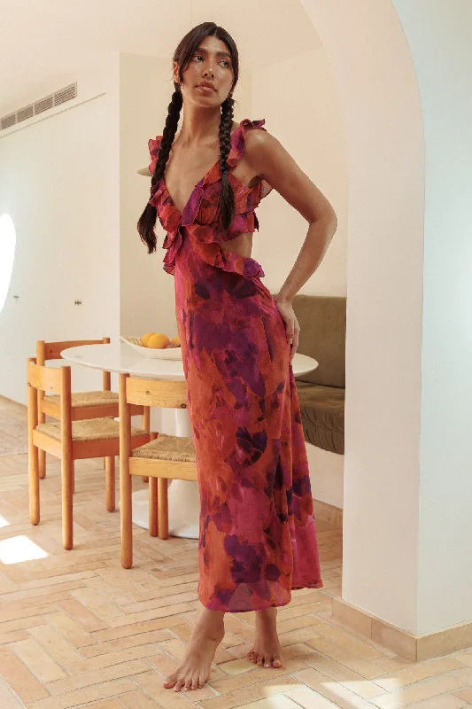 Pleated Women Dress with a Timeless and Elegant TextureSecond Chances Ruffle Trim Maxi Dress Flowers Dark Rose Pleated Women Dress with a Timeless and Elegant TextureSecond Chances Ruffle Trim Maxi Dress Flowers Dark Rose