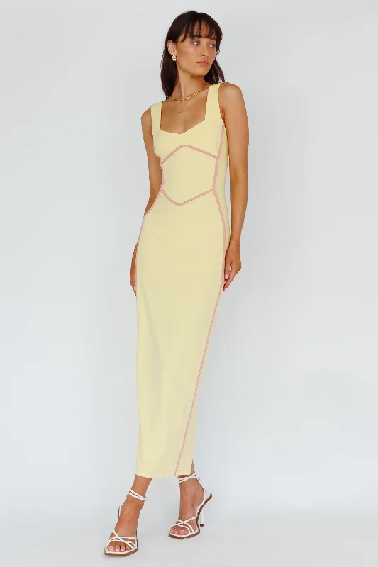 Shift Women Dress with a Simple and Classic Design for Everyday WearShenae Piping Trim Maxi Dress Lemon Shift Women Dress with a Simple and Classic Design for Everyday WearShenae Piping Trim Maxi Dress Lemon