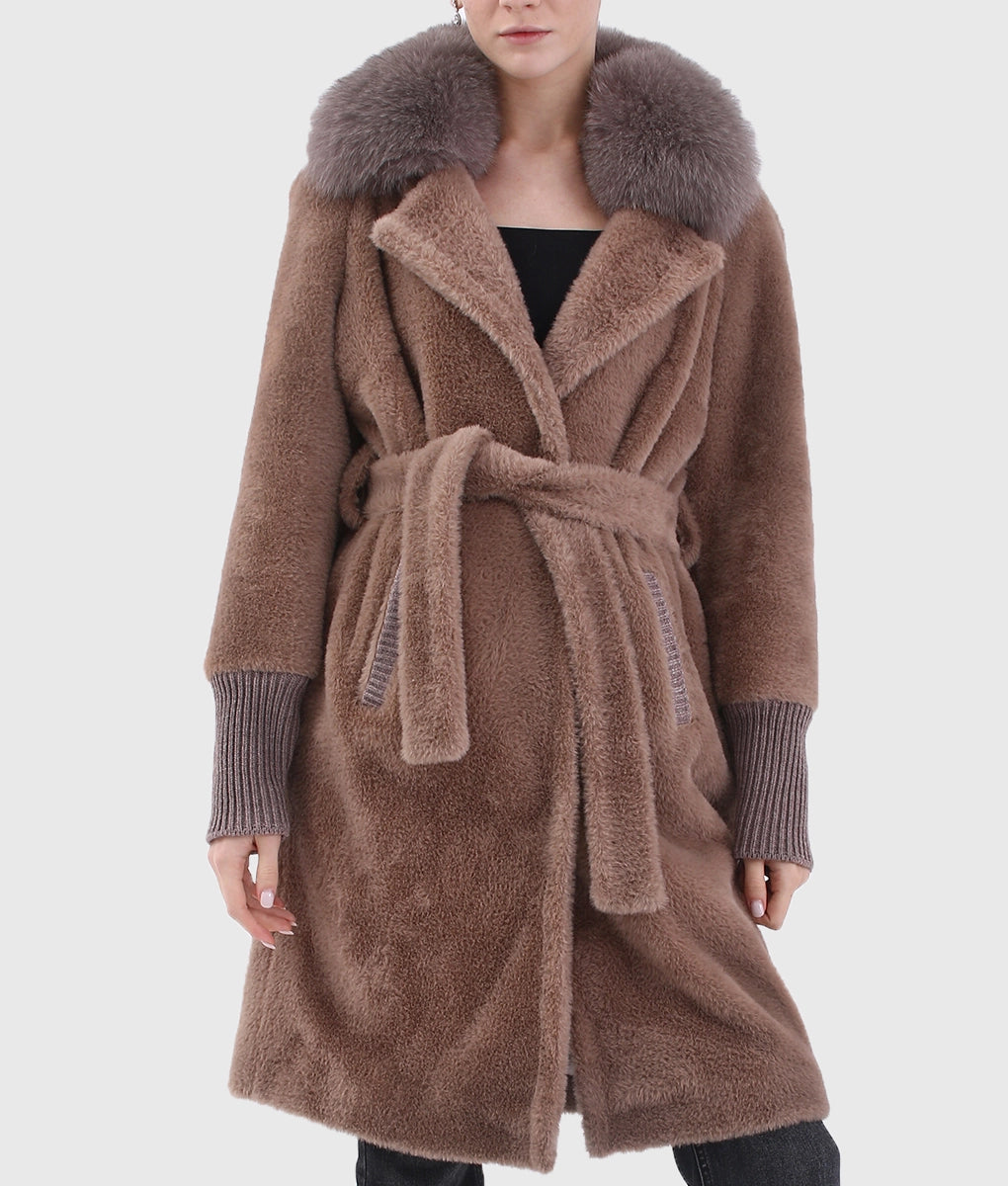 Real Fur Trimmed Trench CoatsSober Women Brown Long Shearling Fox Fur Collar Coat With Rope Real Fur Trimmed Trench CoatsSober Women Brown Long Shearling Fox Fur Collar Coat With Rope