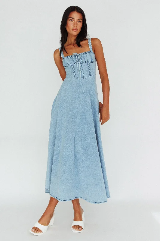 Lace - Embellished Women Dress for an Elegant and Sophisticated AppearanceSweet Pea Tied Bust Maxi Dress Denim Blue Lace - Embellished Women Dress for an Elegant and Sophisticated AppearanceSweet Pea Tied Bust Maxi Dress Denim Blue